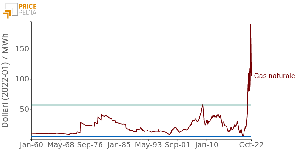 Prezzo del gas naturale, in Dollari del 2022-01 per MWh