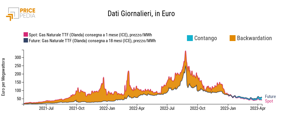 Andamento del prezzo spot e del prezzo future del gas naturale